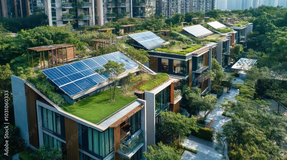 Aerial view of a row of modern houses with green roofs and solar panels. Aerial view of a row of modern houses with green roofs and solar panels.