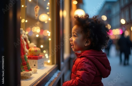  A cute baby stands at a Christmas window and dreams of gifts, looks at gifts through a store window, gifts for Christmas, a child looks at a New Year window