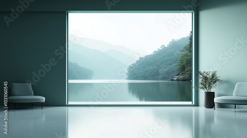 Minimalist Room with a Scenic View of Mountain and Lake photo