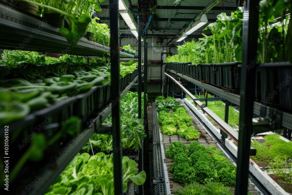 Indoor vertical farm showcasing vibrant green lettuce and leafy greens with rows of plants under grow lights in a controlled environment Indoor vertical farm showcasing vibrant green lettuce and leafy greens with rows of plants under grow lights in a controlled environment