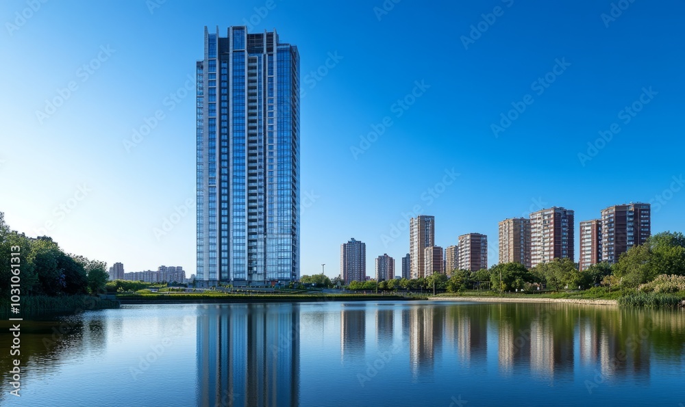 Fototapeta premium A high-rise building with a contemporary design stands by a riverside, its glass facade reflecting the calm waters and nearby structures, under a clear blue sky