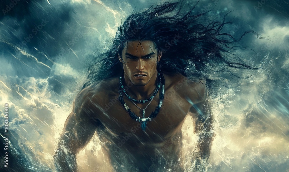 A man with long hair and a necklace is running through a storm A man with long hair and a necklace is running through a storm