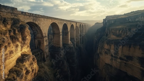 Aerial view of aqueduct stretching across steep canyon sunlight casting dramatic shadows