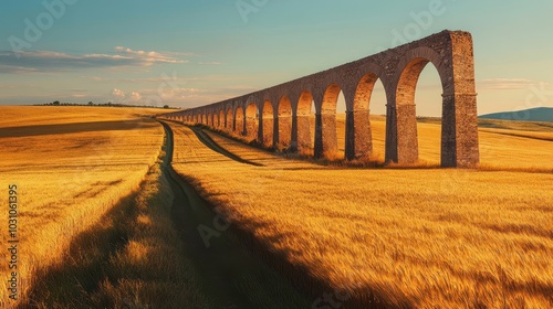 Panoramic view of aqueduct over wheat field warm sunlight creating rhythmic shadows on crops photo