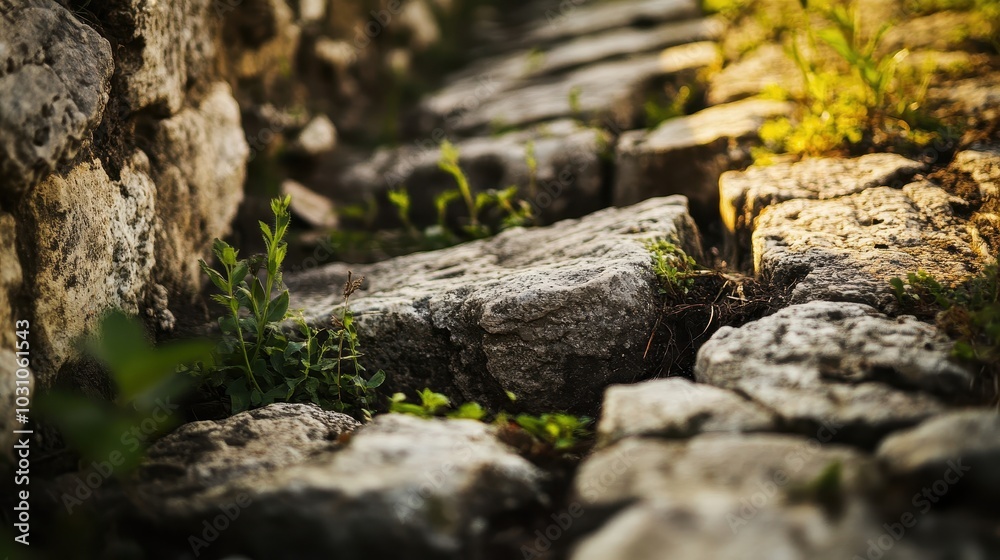 Ground-level close-up of aqueduct foundation plants growing in cracks of rough stone Ground-level close-up of aqueduct foundation plants growing in cracks of rough stone