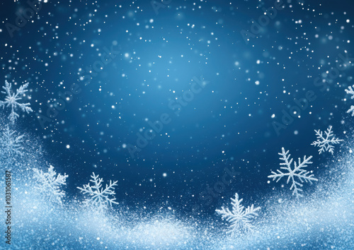 Snow background blue. Christmas snowfall with defocused flakes. Winter concept with falling snow. Holiday texture and white elements.
