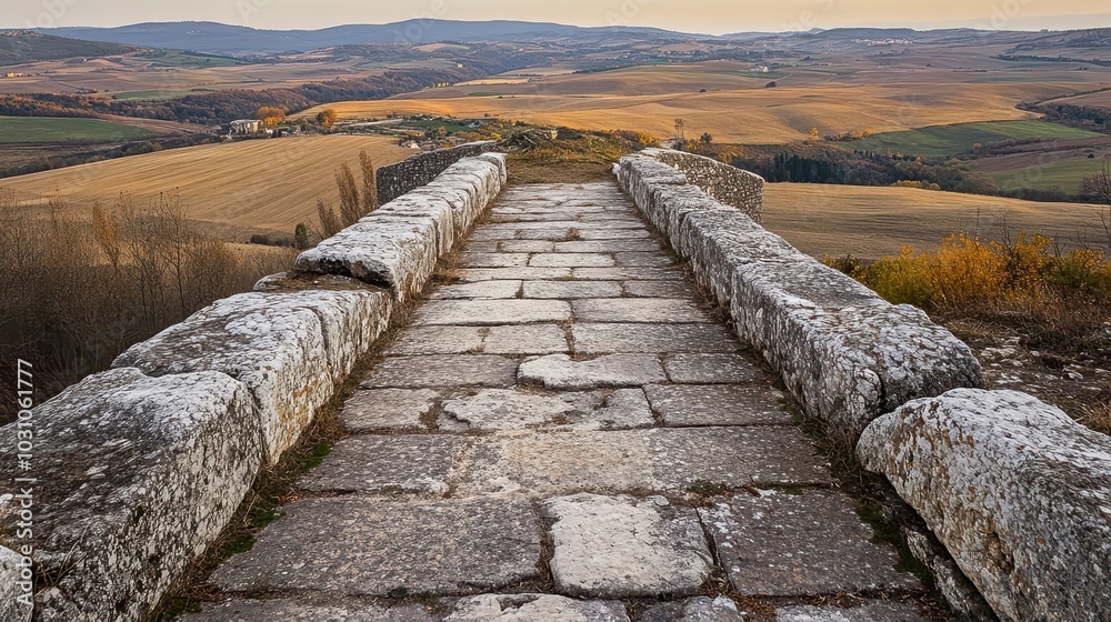Fototapeta premium Looking down from aqueduct top worn stone channel and landscape of rolling fields below