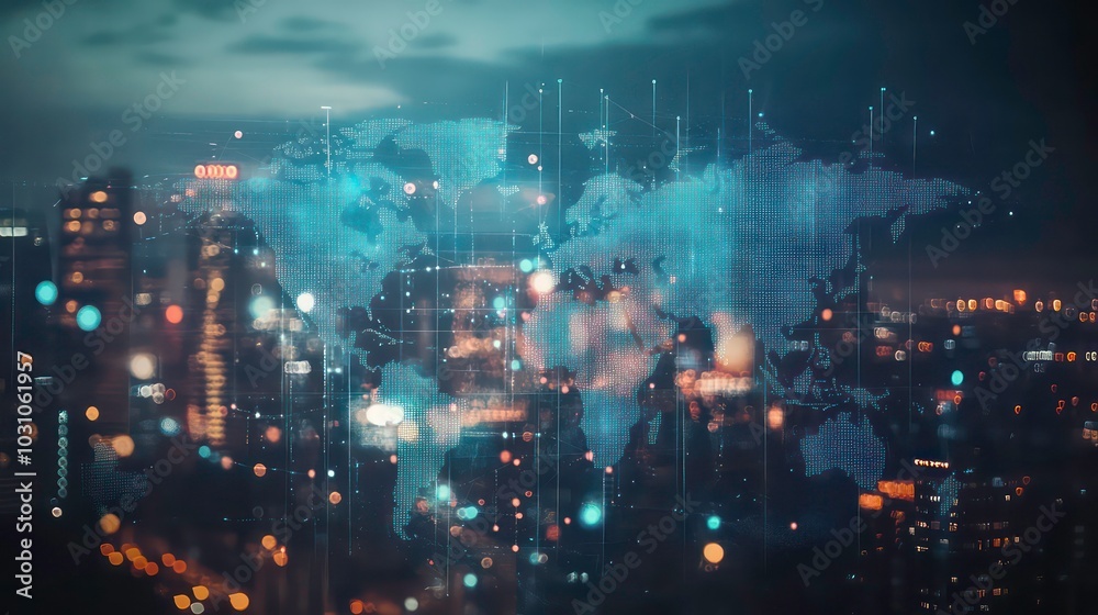 A blurred cityscape at night with a digital world map superimposed over it. The map is made of interconnected lines and dots, representing global connectivity. A blurred cityscape at night with a digital world map superimposed over it. The map is made of interconnected lines and dots, representing global connectivity.