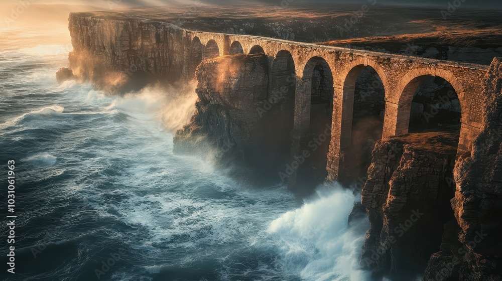 Wide shot of aqueduct over a coastal cliff bright sunlight reflecting on stone arches and crashing waves below ocean stretching into the distance Wide shot of aqueduct over a coastal cliff bright sunlight reflecting on stone arches and crashing waves below ocean stretching into the distance