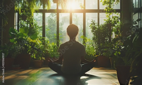 Wallpaper Mural A person practicing mindfulness meditation indoors surrounded by greenery for effective stress management during a serene morning session Torontodigital.ca