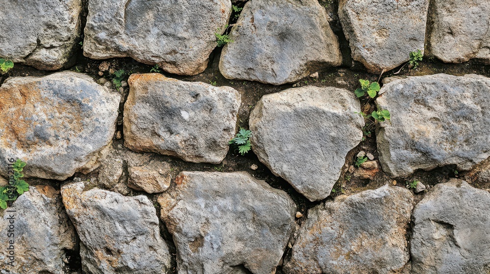 Detailed shot of aqueduct base stones rough texture with small plants in cracks bright lighting reveals fine stonework details Detailed shot of aqueduct base stones rough texture with small plants in cracks bright lighting reveals fine stonework details