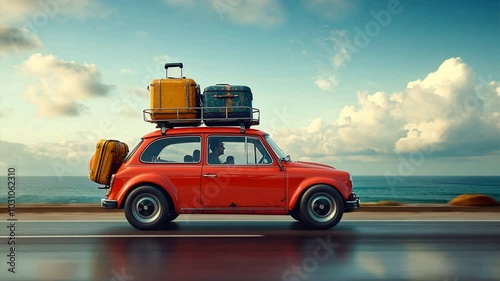traveling by car. The car is driving along the road, the roof trunk is loaded with suitcases 