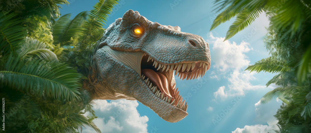 Realistic T-Rex emerging from lush tropical foliage Realistic T-Rex emerging from lush tropical foliage