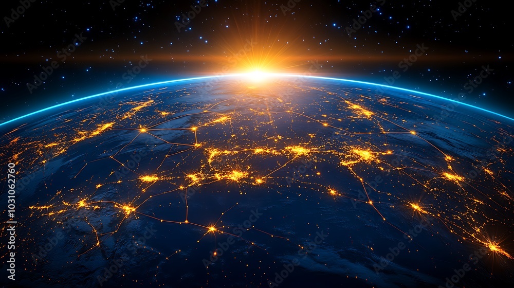 Fototapeta premium An aerial shot of a digital globe with trade routes connecting major countries, illustrating global free trade agreements and partnerships. 