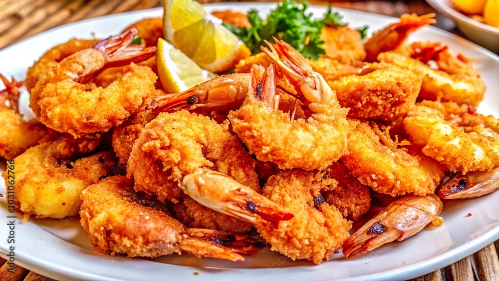 Deliciously prepared fried breaded shrimps garnished with lemon wedges and parsley on a white plate at a seafood restaurant Deliciously prepared fried breaded shrimps garnished with lemon wedges and parsley on a white plate at a seafood restaurant