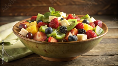 Fresh fruit salad made with a variety of colorful fruits served in a wooden bowl on a rustic table in natural light