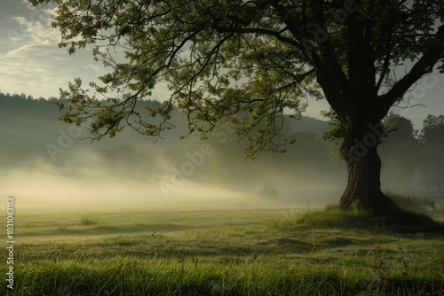 Serene misty morning over lush green hills and a solitary farmhouse nestled in the rolling countryside at dawn