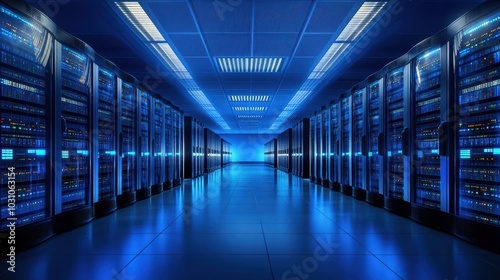 A large room with many computer servers