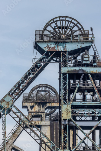 Hatfield Colliery near Doncaster, Yorkshire. Old headstocks and winding gear from the abandoned Coal Pit. Relic from the industrial revolution and the UK mining industry.  photo