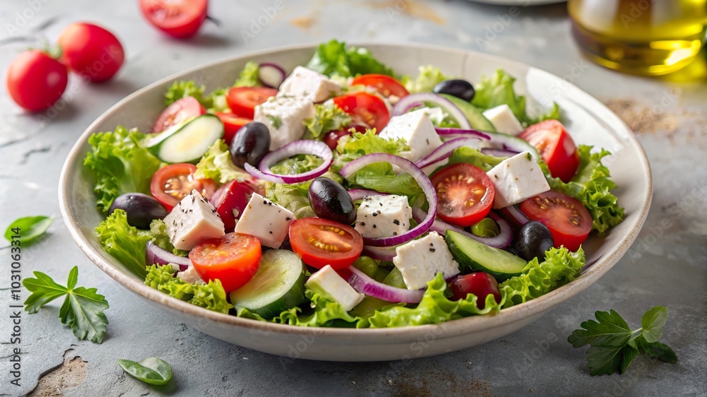 Fresh Greek salad with tomatoes, cucumbers, olives, and feta cheese served in a bowl, perfect for summer meals Fresh Greek salad with tomatoes, cucumbers, olives, and feta cheese served in a bowl, perfect for summer meals