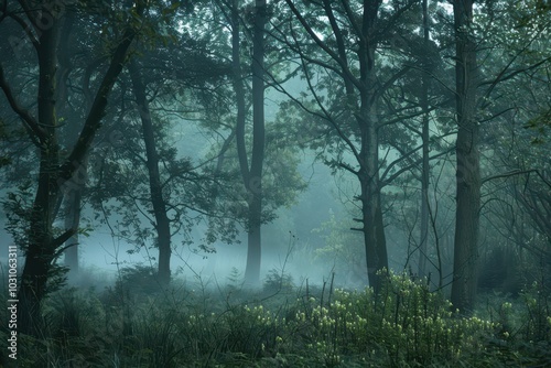 A serene forest landscape at dawn with mist enveloping trees and a gentle stream reflecting soft light in a tranquil woodland setting