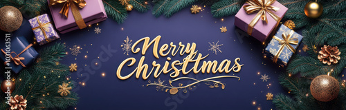 Christmas banner, Xmas sparkling lights garland with gifts box and golden tinsel. Horizontal christmas posters, cards, headers, website.
