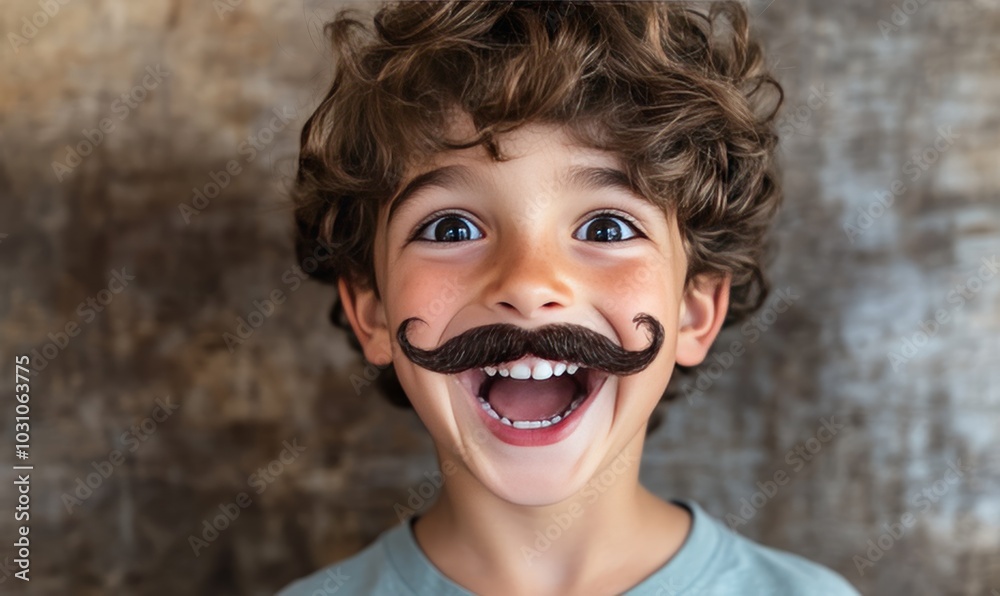A young boy with a mustache on his face is smiling and looking surprised A young boy with a mustache on his face is smiling and looking surprised