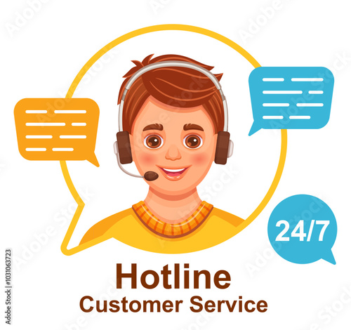 Hotline customer support service operator, online call center phone assistant, client helpline dispatcher contact icon. Man consultant with headset. Help chat. Telephone technical consultation. Vector