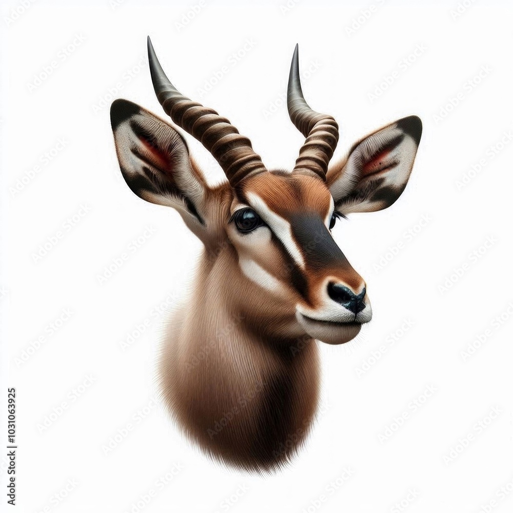 Fototapeta premium A antelope on a white background, showcasing its graceful horns and slender, agile body. Generated with AI.
