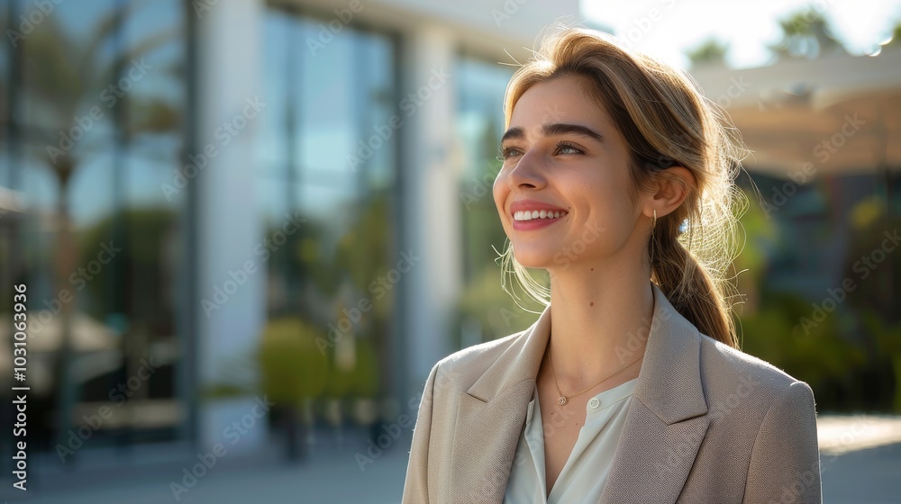 Businesswoman in formal wear, exuding confidence and happiness, smiling to the side in a modern outdoor environment Businesswoman in formal wear, exuding confidence and happiness, smiling to the side in a modern outdoor environment