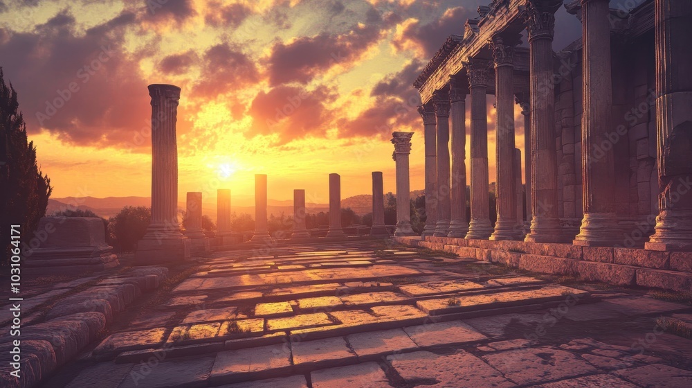 Fototapeta premium Roman temple in sunset warm light creating soft shadows and vibrant sky colors