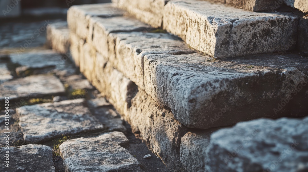 Roman temple stone foundation weathered blocks with moss in cracks under bright light Roman temple stone foundation weathered blocks with moss in cracks under bright light