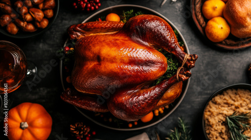 Golden roasted turkey surrounded by festive dishes for Thanksgiving photo