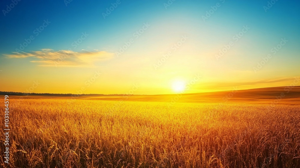 Golden Wheat Field at Sunset with a Clear Blue Sky Golden Wheat Field at Sunset with a Clear Blue Sky