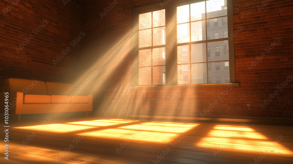Sunbeams shining through window in empty room with wooden floor Sunbeams shining through window in empty room with wooden floor