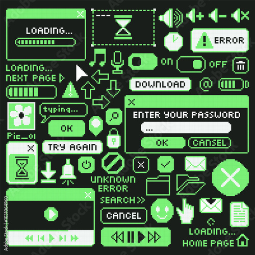 Pixel Art Retro UI set. Y2K computer icons collection. 8-bit acid green PC windows and buttons collection. Loading bar, file folder, music player, login form, error and try again. Vector illustration.