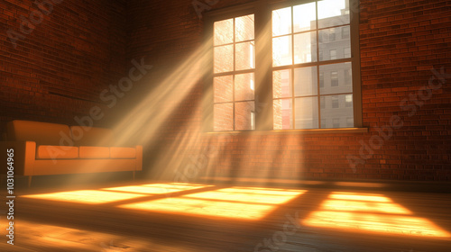 Sunbeams shining through window in empty room with wooden floor