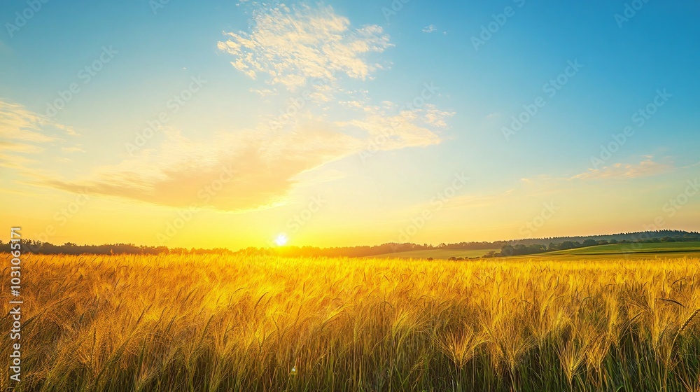 Golden Wheat Field at Sunset with a Blue Sky and Fluffy Clouds Golden Wheat Field at Sunset with a Blue Sky and Fluffy Clouds