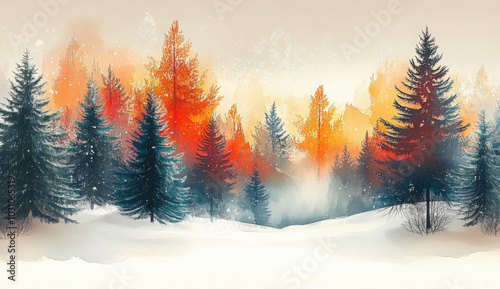 illustration of a beautiful winter christmas snowy forest background
