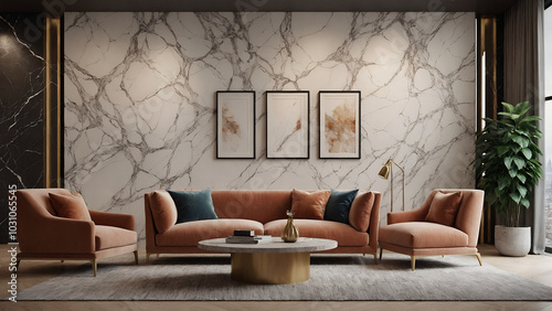 Empty close-up photo frames on the living room marble design wall, an interior design illustration mockup template, and an empty poster frames mock-up template.