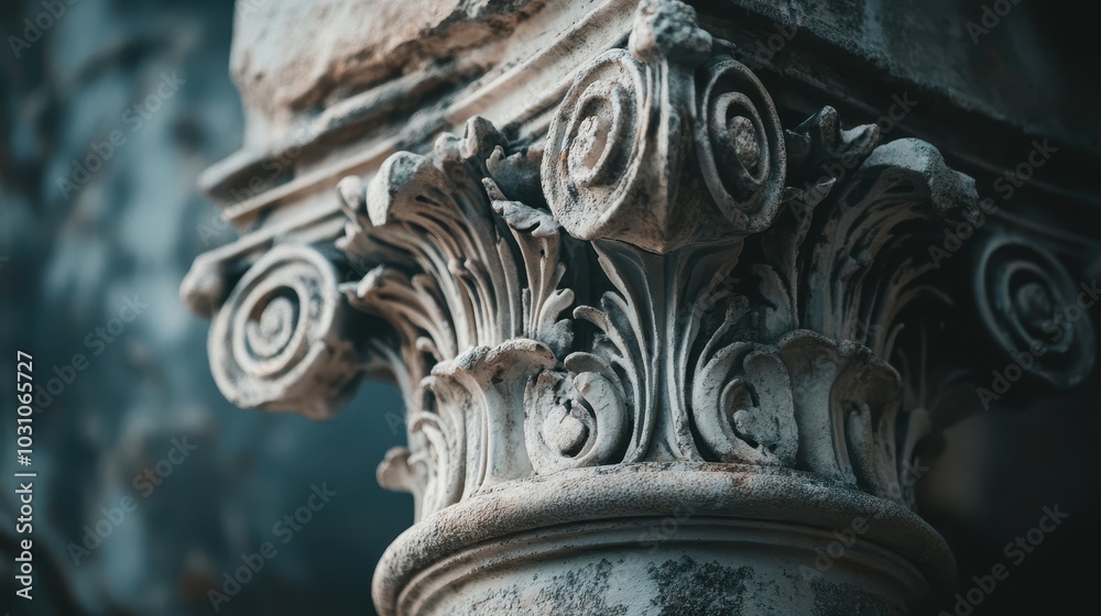 Detailed view of Corinthian column capital worn acanthus leaves and delicate carvings Detailed view of Corinthian column capital worn acanthus leaves and delicate carvings