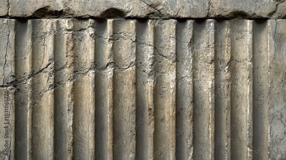 Worn fluting on Roman column grooves smoothed by centuries subtle cracks visible Worn fluting on Roman column grooves smoothed by centuries subtle cracks visible