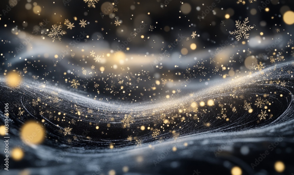 An abstract winter landscape with swirling silver and gold snowflakes dancing in the air, blending seamlessly into a dark, frosty sky filled with twinkling lights