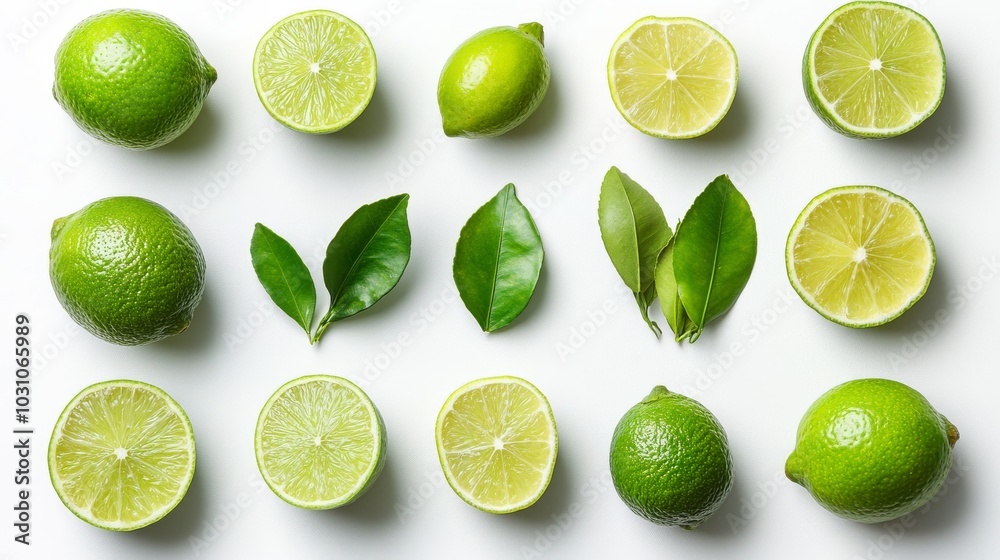 Collection of limes and lime slices, isolated on a bright white backdrop, accentuating their tart appeal Collection of limes and lime slices, isolated on a bright white backdrop, accentuating their tart appeal