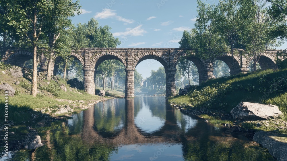 Fototapeta premium Roman bridge over narrow river arches reflected in water trees and blue sky illuminated by sunlight