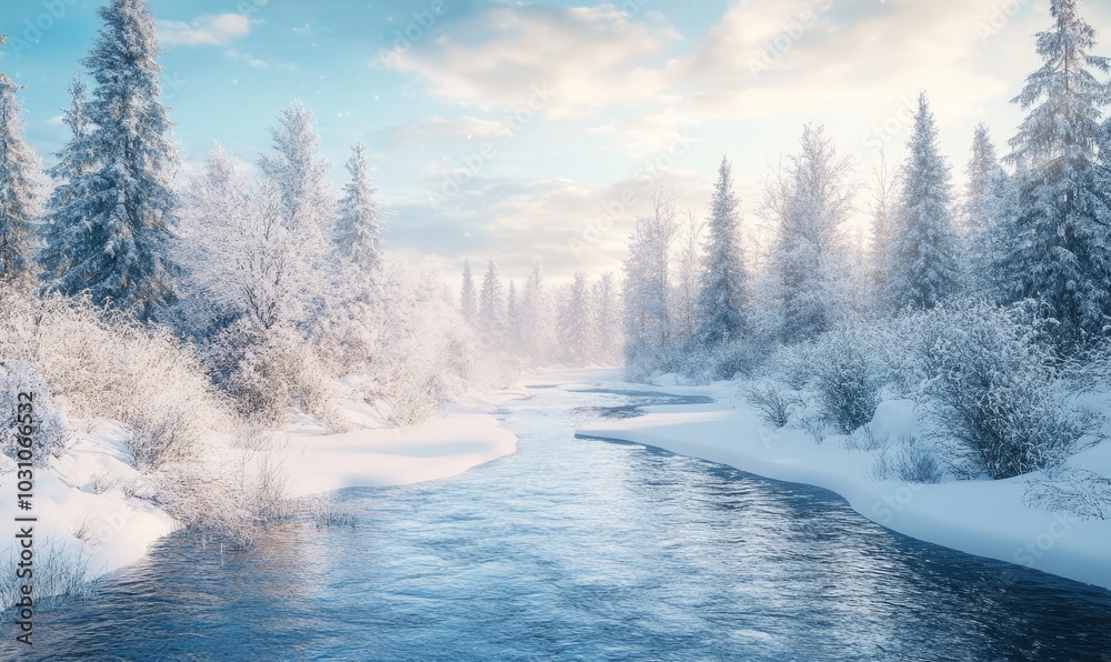 Icy river flowing through a snow-covered landscape with evergreen trees dusted in snow Icy river flowing through a snow-covered landscape with evergreen trees dusted in snow
