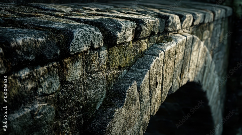 Stones at base of Roman bridge arch cracked surface with moss growing bright light enhancing rough texture Stones at base of Roman bridge arch cracked surface with moss growing bright light enhancing rough texture