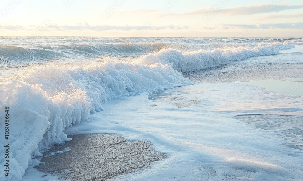 Icy shoreline: frozen waves lapping against a snow-covered beach with soft, muted winter colors Icy shoreline: frozen waves lapping against a snow-covered beach with soft, muted winter colors