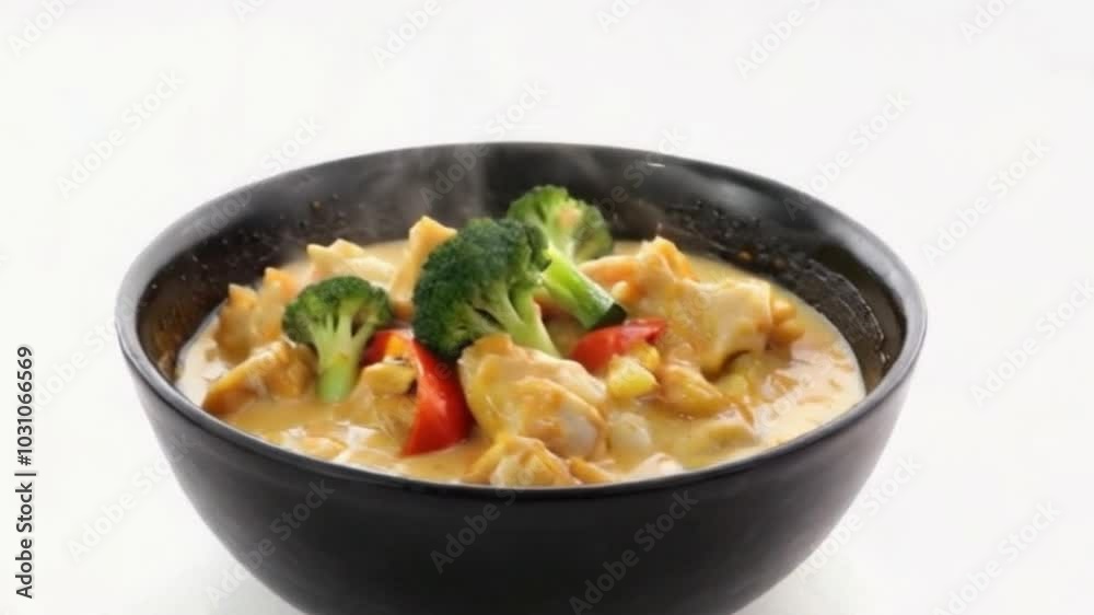 Ultra HD 4K Looped Animation of White Curry in Black Bowl with Creamy Broth, Chicken, and Vegetables Isolated on White Background Ultra HD 4K Looped Animation of White Curry in Black Bowl with Creamy Broth, Chicken, and Vegetables Isolated on White Background