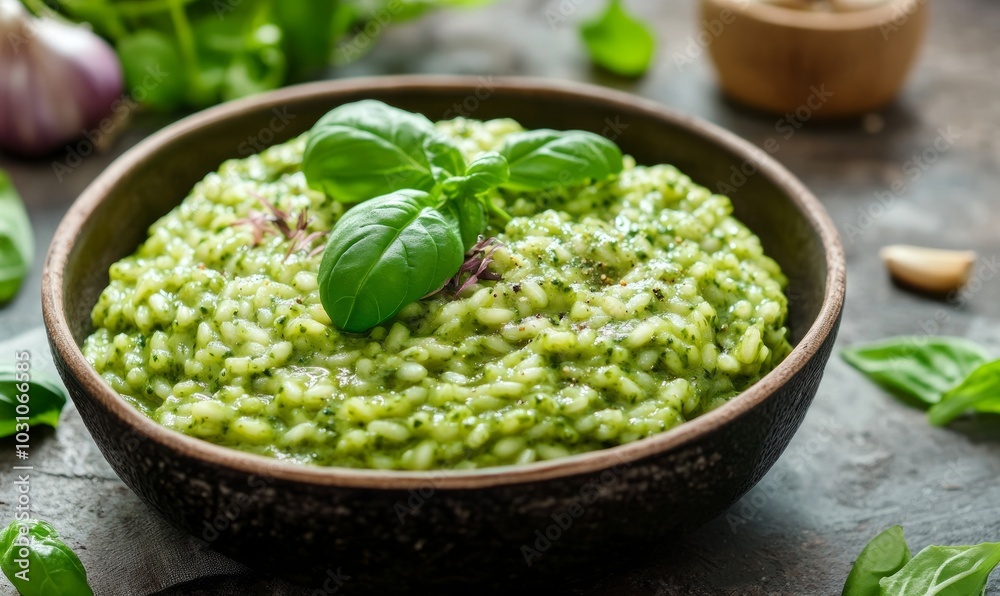 Italian risotto. Delicious risotto with pesto sauce or wild garlic pesto, basil, parmesan Italian risotto. Delicious risotto with pesto sauce or wild garlic pesto, basil, parmesan